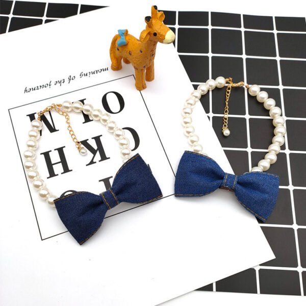 Pet Neck Chain Cat Dog Accessories Pearl Necklace Denim Bow Pendant cute Princess bib - Image 5
