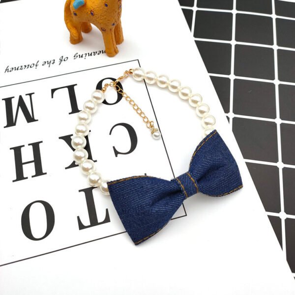 Pet Neck Chain Cat Dog Accessories Pearl Necklace Denim Bow Pendant cute Princess bib - Image 4