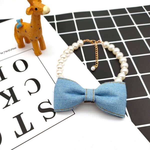 Pet Neck Chain Cat Dog Accessories Pearl Necklace Denim Bow Pendant cute Princess bib - Image 3