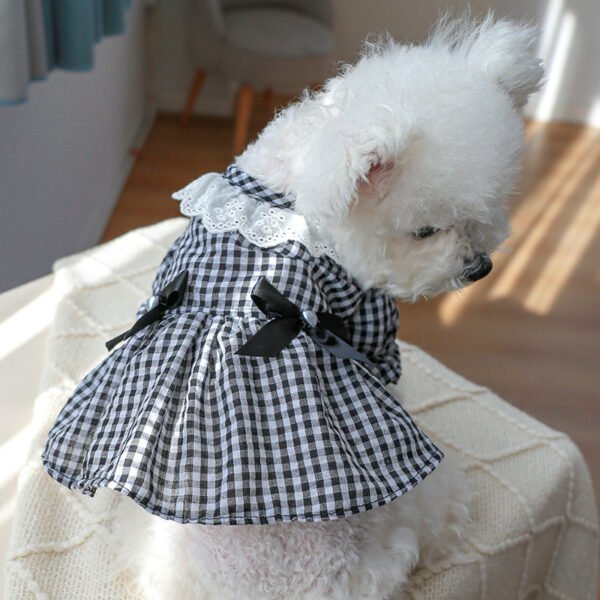 Pet Ring Dog Clothing Cat Clothes Bow Lace Collar Edge Black And White Plaid Princess Love Pearl Skirt - Image 6
